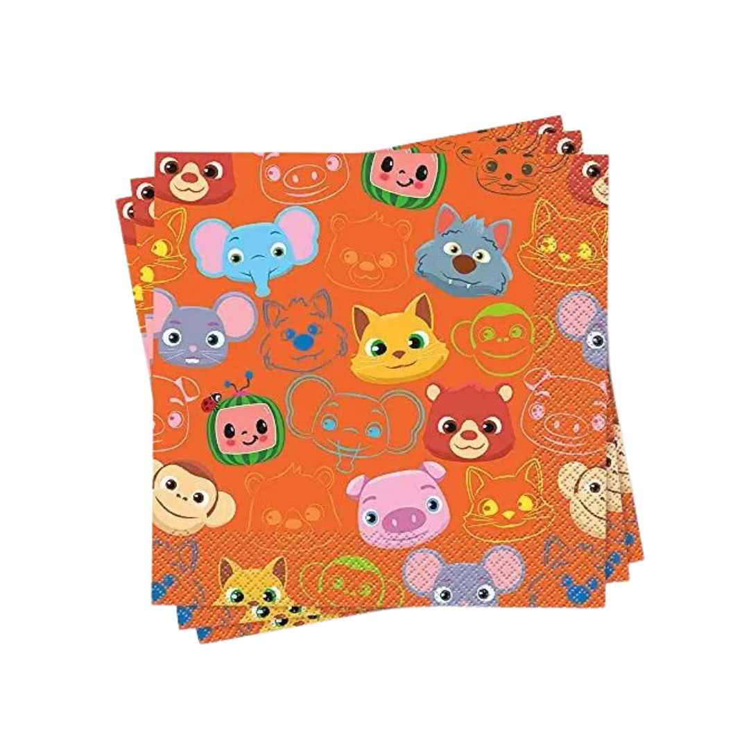 Orange Cocomelon luncheon napkins with animal faces for kids birthday theme from Parte Haus party supply store in Bethesda MD