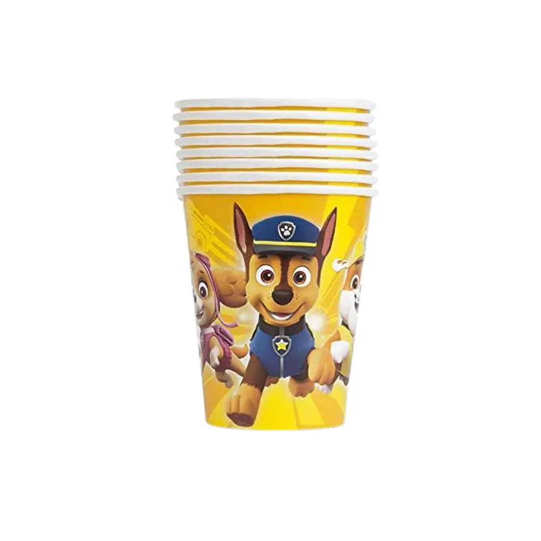 Yellow Paw Patrol paper cups with cartoon puppy characters birthday theme from Parte Haus party supply store in Bethesda MD
