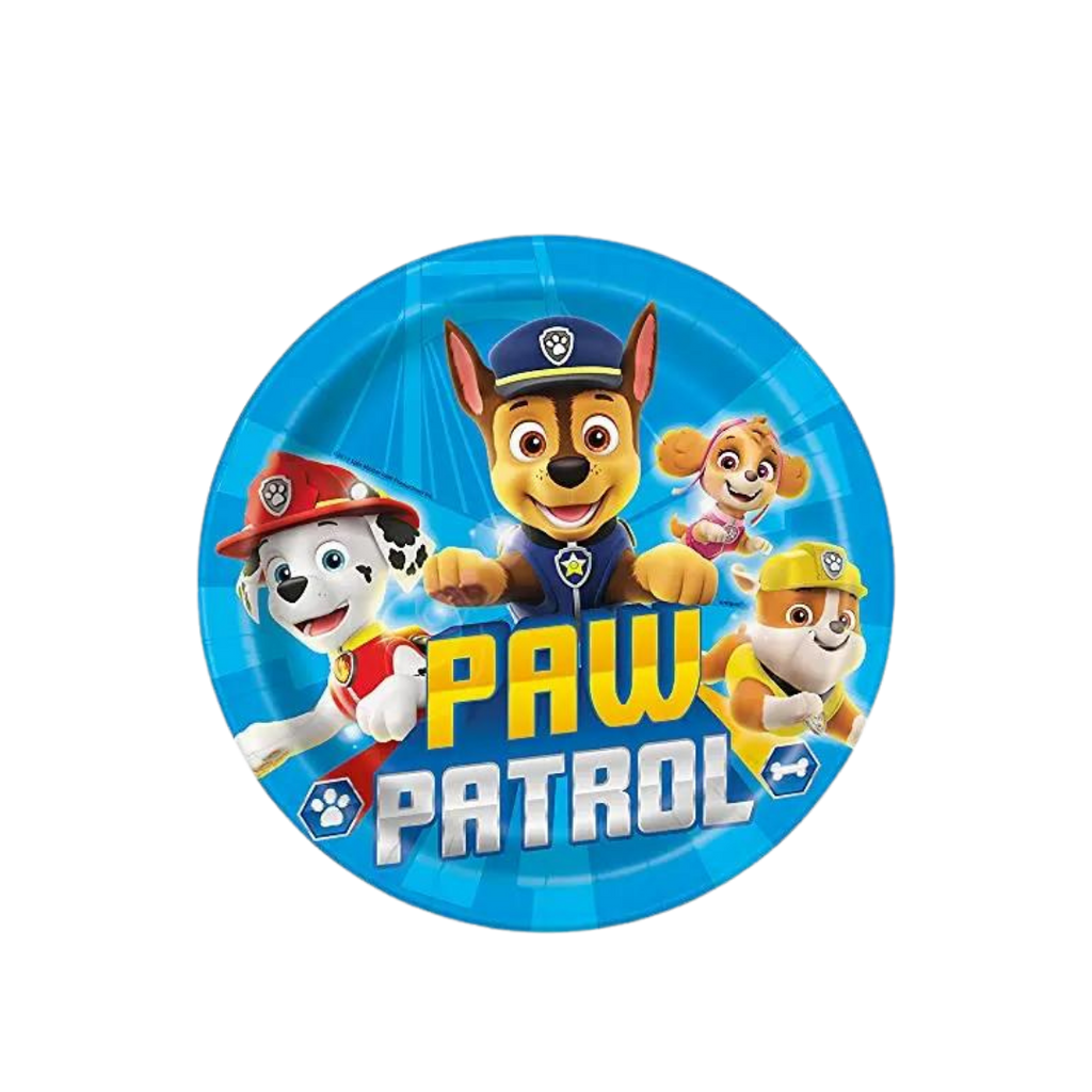 Blue Paw Patrol round dinner plate with colorful character print birthday theme from Parte Haus party supply store in Bethesda MD