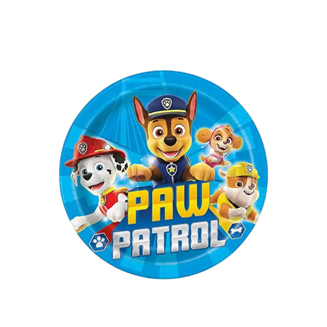 Blue Paw Patrol round dinner plate with colorful character print birthday theme from Parte Haus party supply store in Bethesda MD