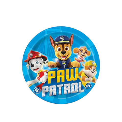 Blue Paw Patrol round dinner plate with colorful character print birthday theme from Parte Haus party supply store in Bethesda MD
