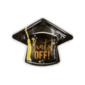 Black graduation cap plate with gold tassel and hats off text graduation party from Parte Haus party supply store in Bethesda MD