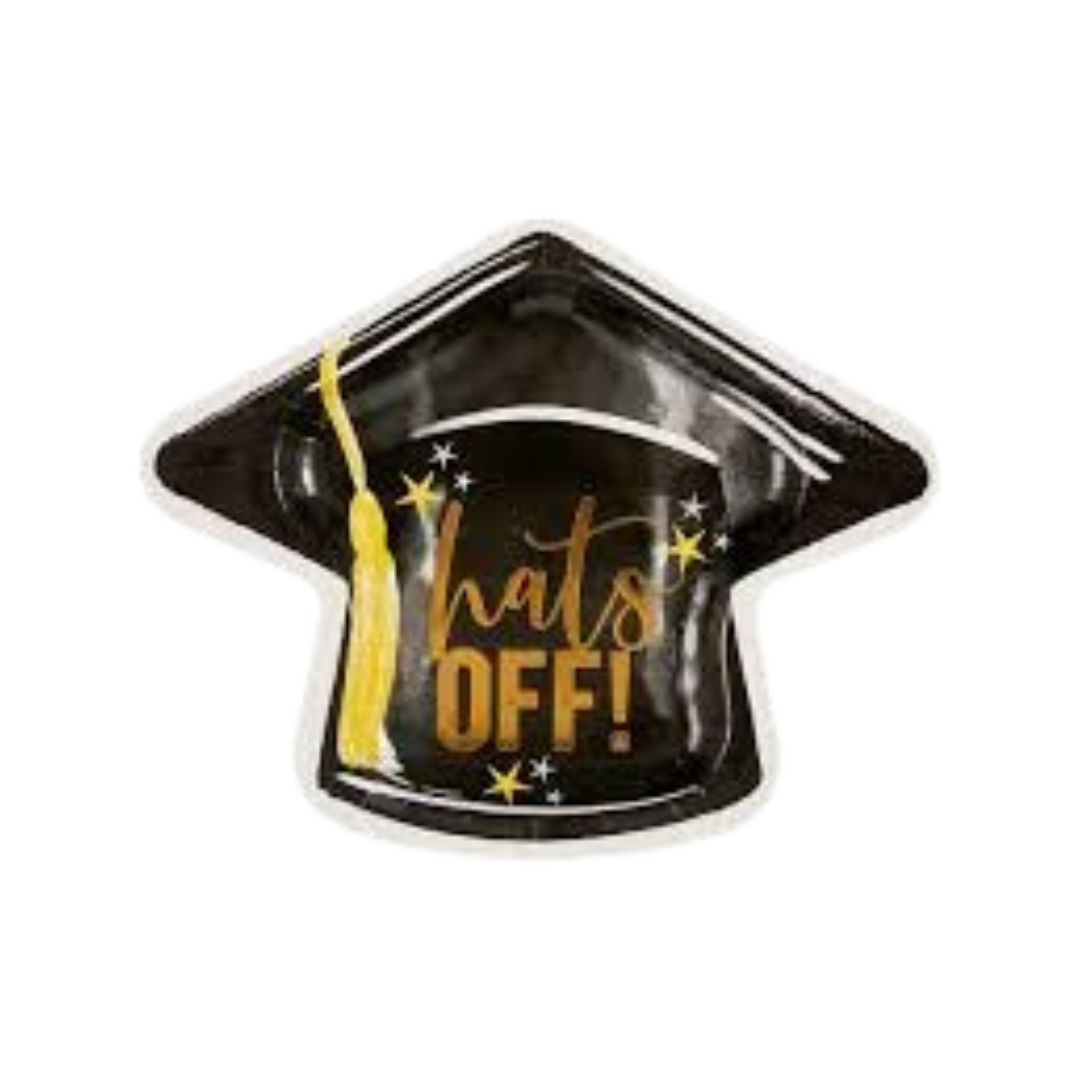 Black graduation cap plate with gold tassel and hats off text graduation party from Parte Haus party supply store in Bethesda MD