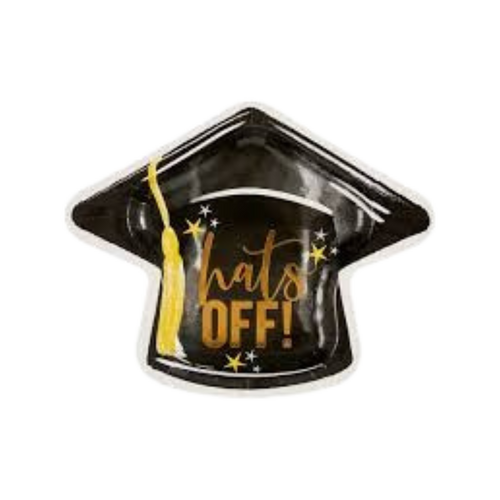 Black graduation cap plate with gold tassel and hats off text graduation party from Parte Haus party supply store in Bethesda MD