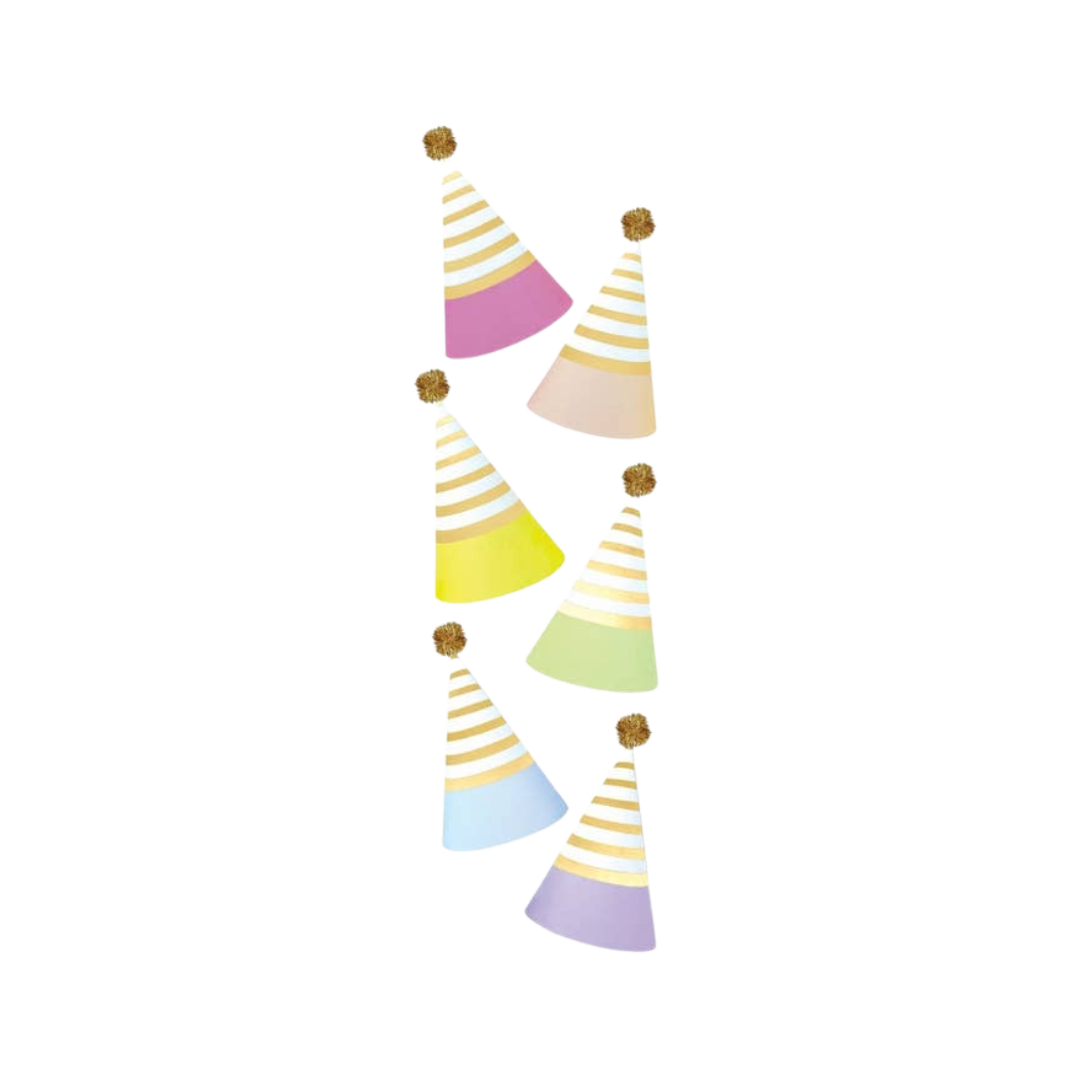 Pastel striped cone hats with gold pom poms birthday theme from Parte Haus party supply store in Bethesda MD