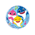 blue round Baby Shark balloon featuring smiling cartoon sharks birthday theme from Parte Haus party supply store in Bethesda MD
