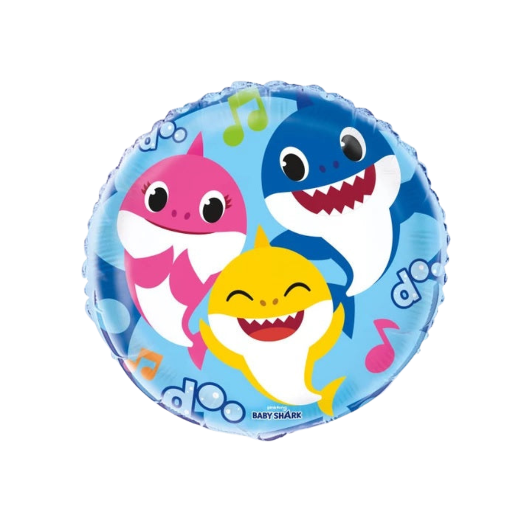 blue round Baby Shark balloon featuring smiling cartoon sharks birthday theme from Parte Haus party supply store in Bethesda MD