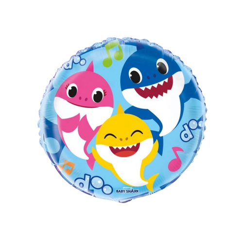 blue round Baby Shark balloon featuring smiling cartoon sharks birthday theme from Parte Haus party supply store in Bethesda MD