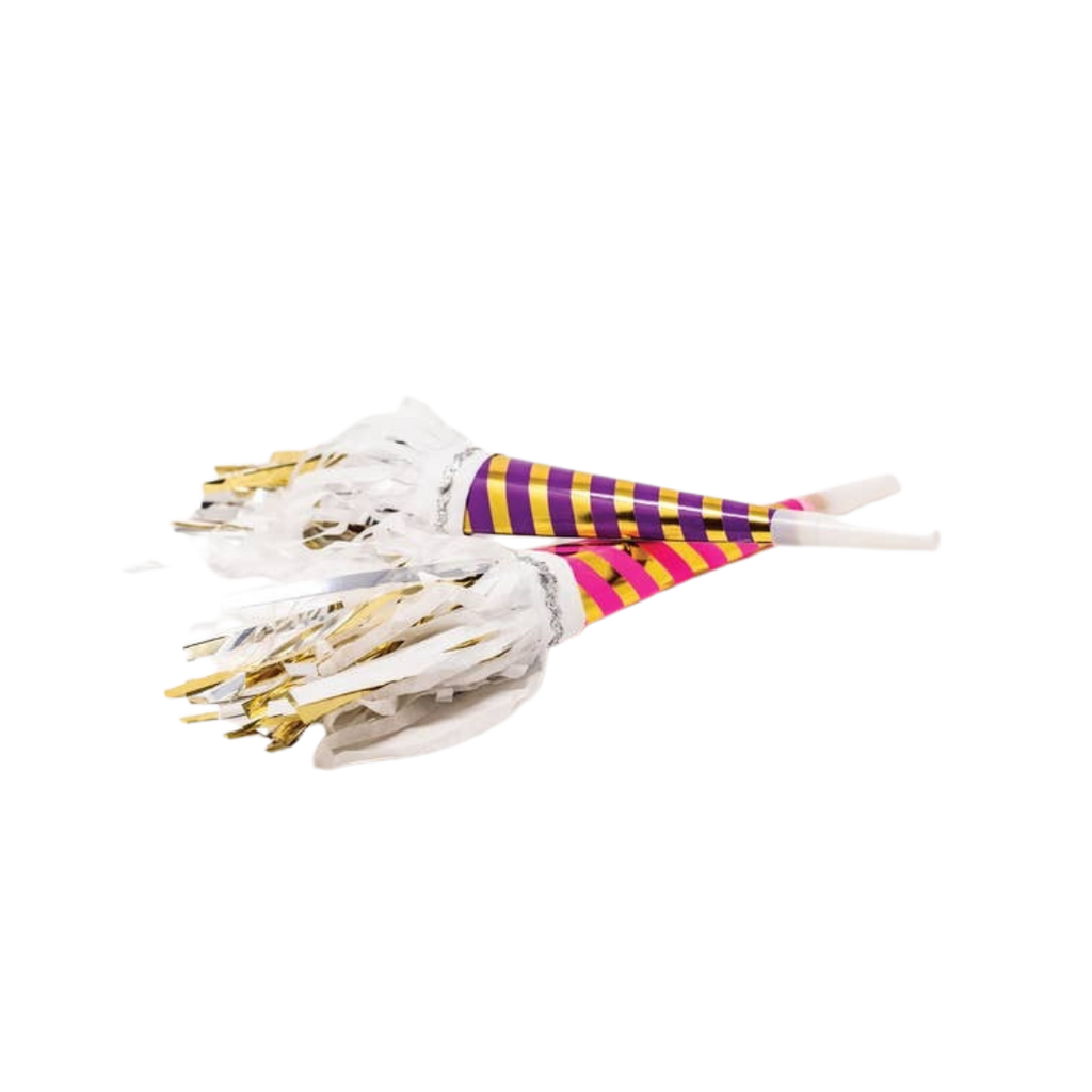 Purple and gold striped party horn with metallic fringe for birthday celebration from Parte Haus party supply store in Bethesda MD