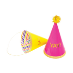 Pink and yellow party hats with gold pompom birthday celebration from Parte Haus party supply store in Bethesda MD