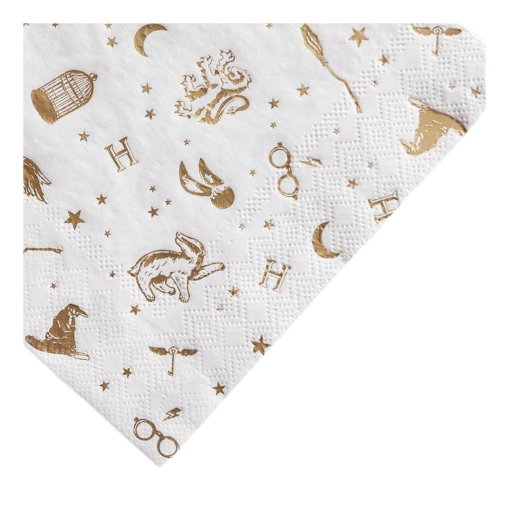 White gold wizard themed napkin with magical icons for birthday from Parte Haus party supply store in Bethesda MD