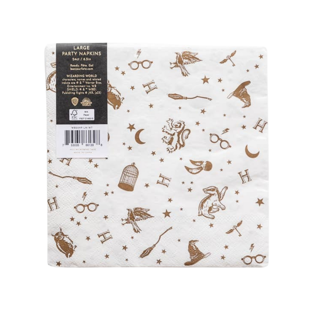 Brown and white wizard theme large napkin with magic symbols for birthday from Parte Haus party supply store in Bethesda MD