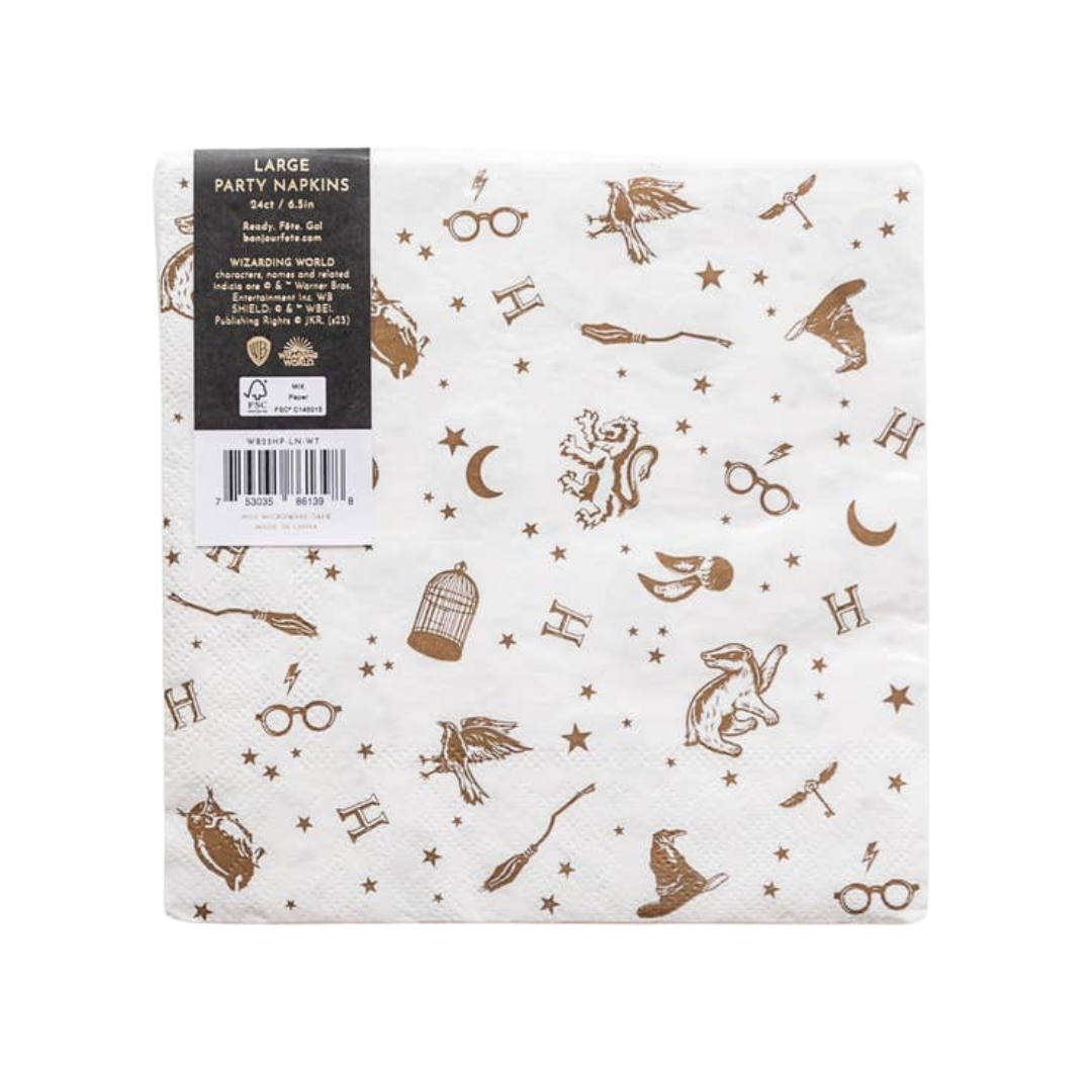 Brown and white wizard theme large napkin with magic symbols for birthday from Parte Haus party supply store in Bethesda MD