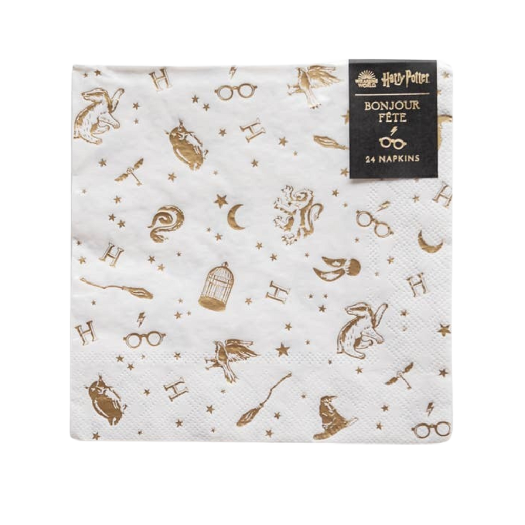 White Harry Potter napkin with gold wizard icons for birthday from Parte Haus party supply store in Bethesda MD