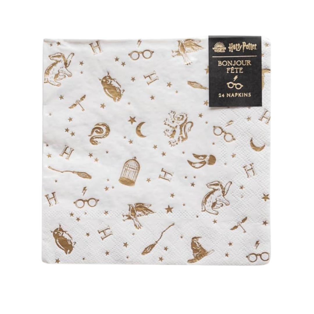 White Harry Potter napkin with gold wizard icons for birthday from Parte Haus party supply store in Bethesda MD