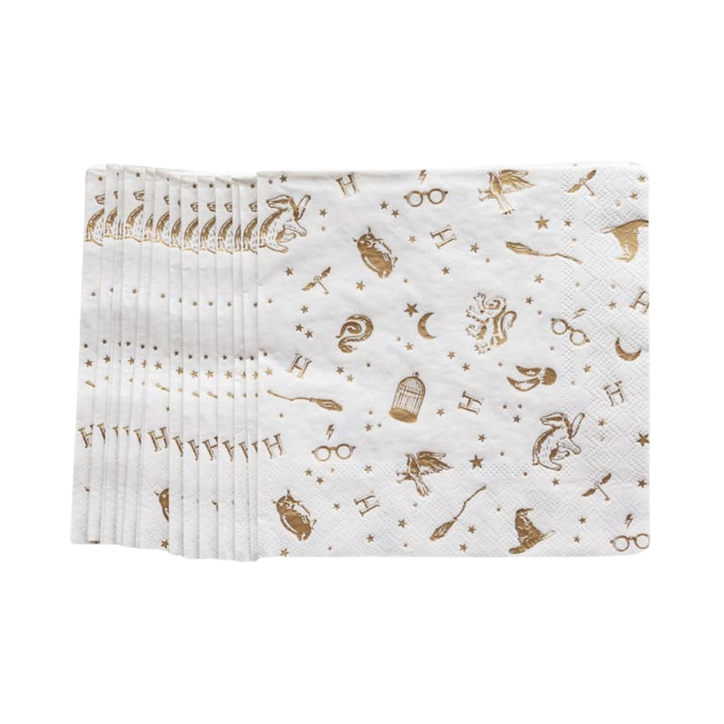 White and gold themed napkins with magical icons for birthday celebration from Parte Haus party supply store in Bethesda MD