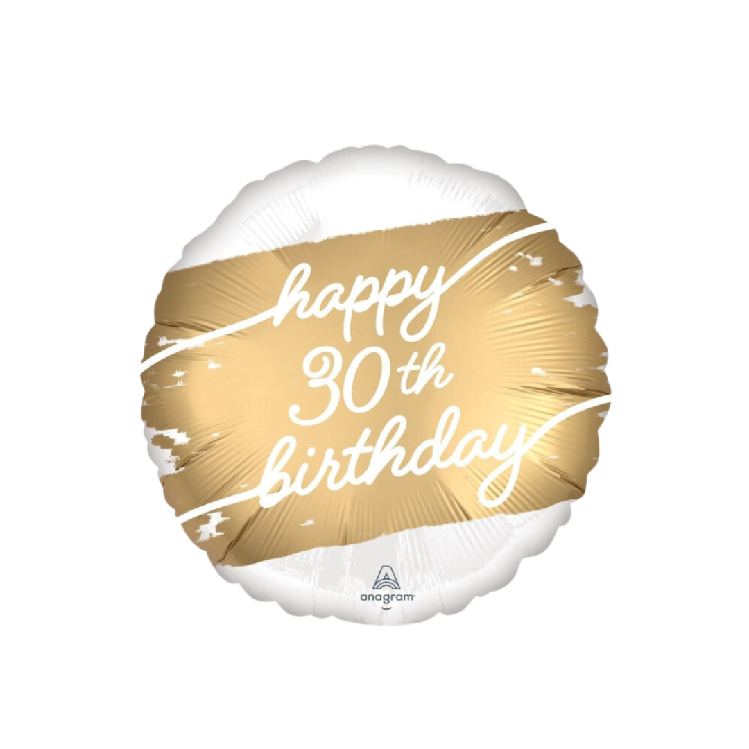 Gold and white round happy 30th birthday balloon for birthday theme from Parte Haus party supply store in Bethesda MD.