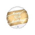 Gold and white balloon with happy 50th birthday text milestone theme from Parte Haus party supply store in Bethesda MD