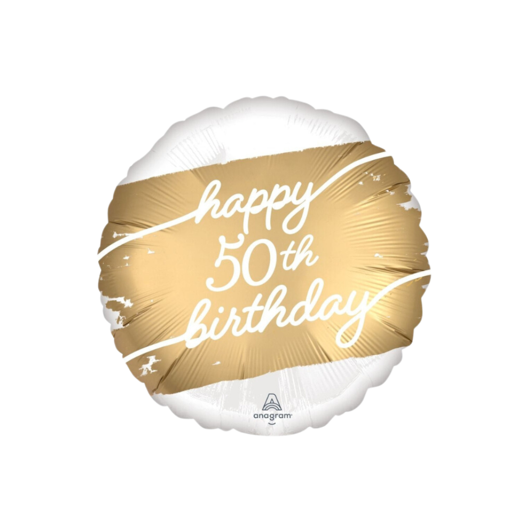 Gold and white balloon with happy 50th birthday text milestone theme from Parte Haus party supply store in Bethesda MD