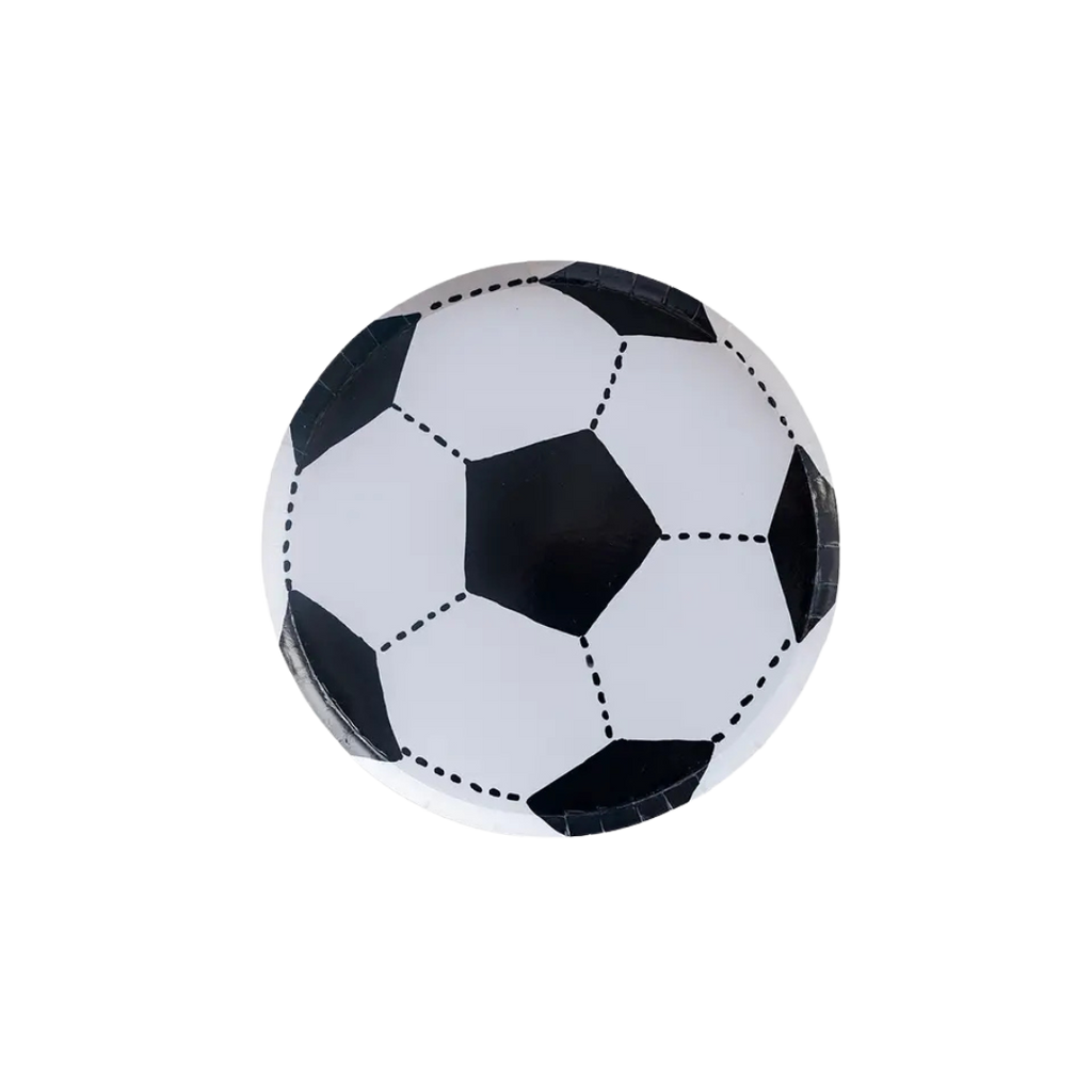 Black and white soccer ball paper plate for sports birthday party from Parte Haus party supply store in Bethesda MD.