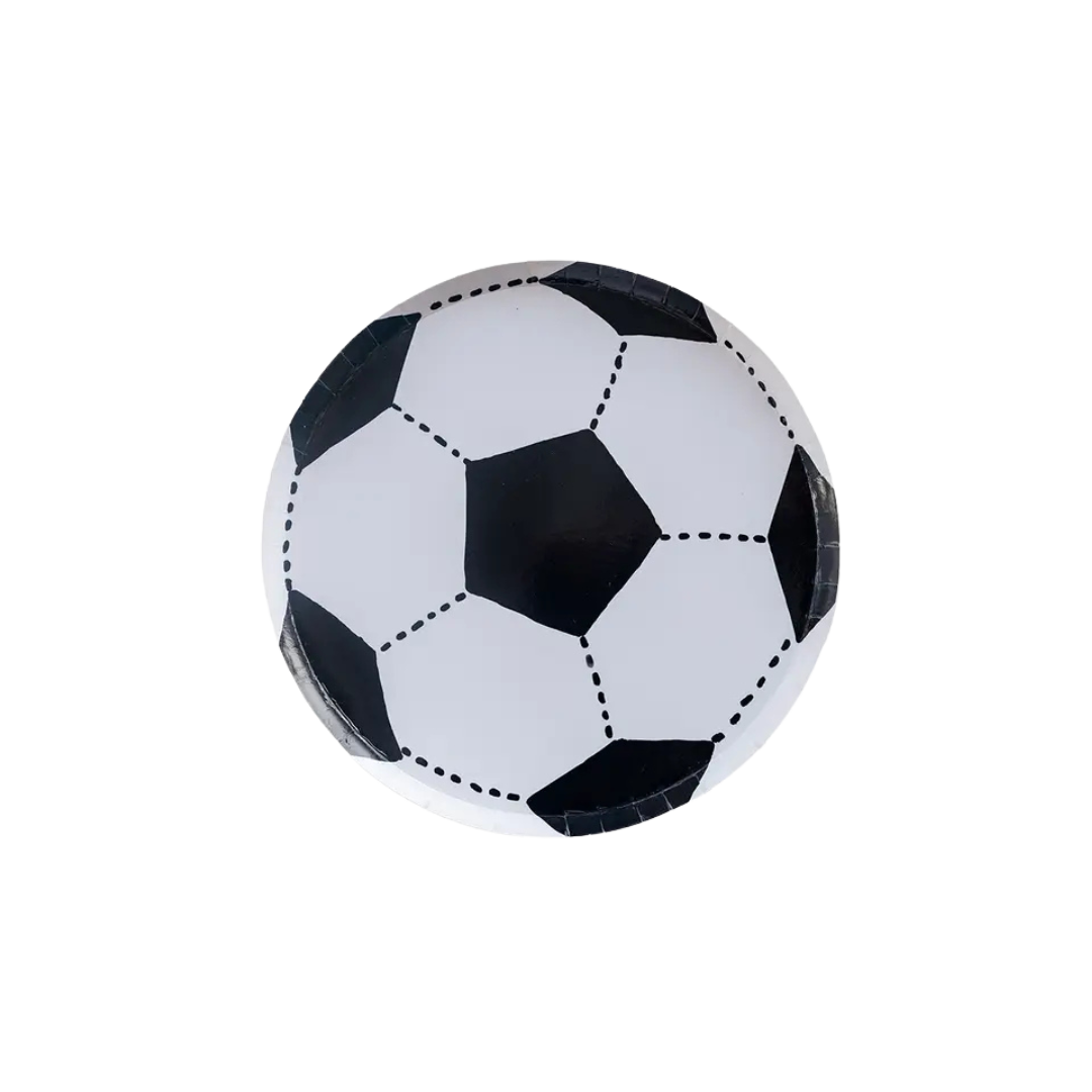 Black and white soccer ball paper plate for sports birthday party from Parte Haus party supply store in Bethesda MD.