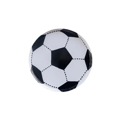Black and white soccer ball paper plate for sports birthday party from Parte Haus party supply store in Bethesda MD.