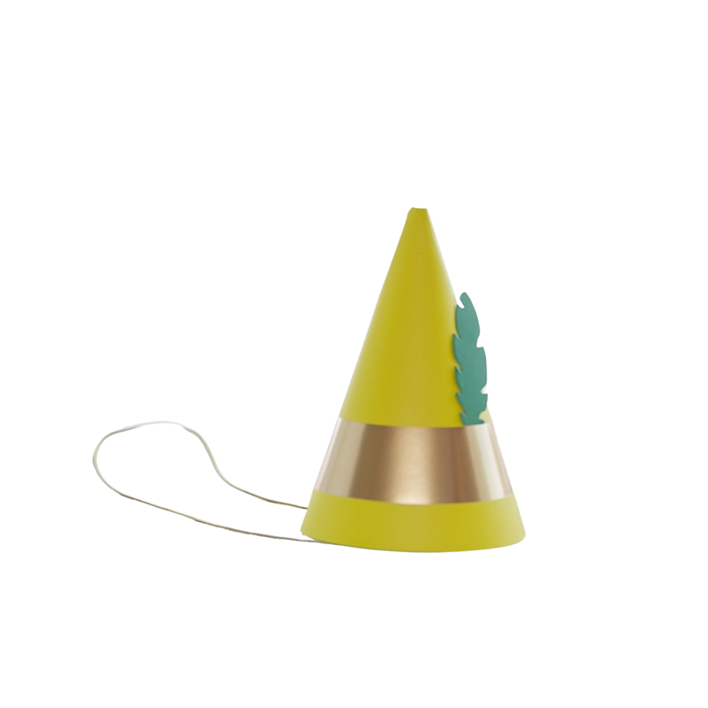 Yellow cone birthday party hat with gold band and green feather from Parte Haus party supply store in Bethesda Maryland