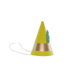 Yellow cone birthday party hat with gold band and green feather from Parte Haus party supply store in Bethesda Maryland