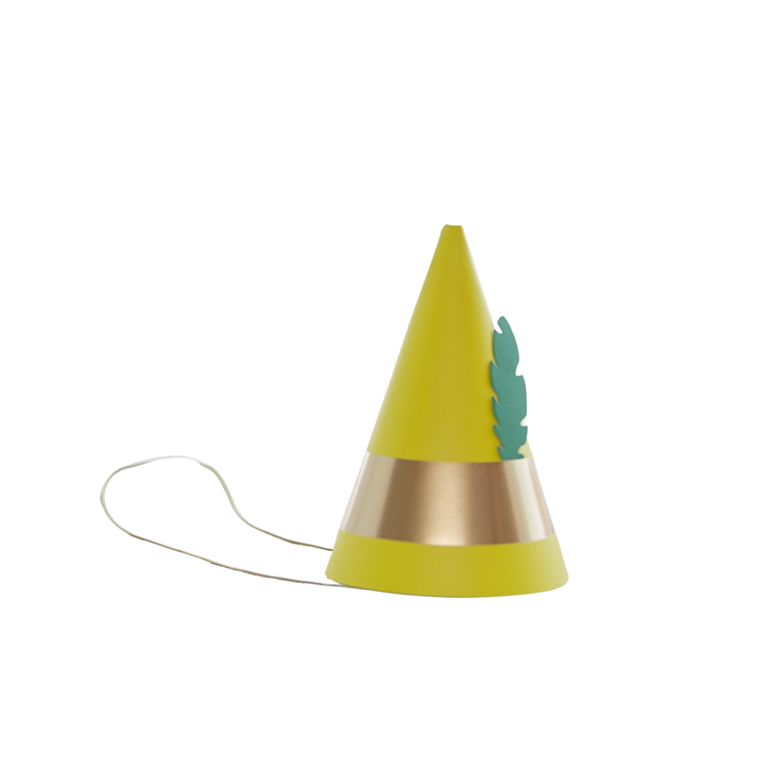 Yellow cone birthday party hat with gold band and green feather from Parte Haus party supply store in Bethesda Maryland