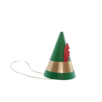 Green and gold cone hat with red feather decorative band for birthday from Parte Haus party supply store in Bethesda Maryland