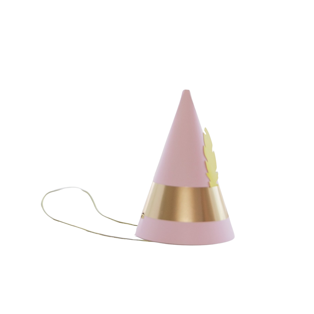 Pink and gold cone party hat with yellow feather accent for birthday from Parte Haus party supply store in Bethesda MD
