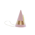 Pink and gold cone party hat with yellow feather accent for birthday from Parte Haus party supply store in Bethesda MD