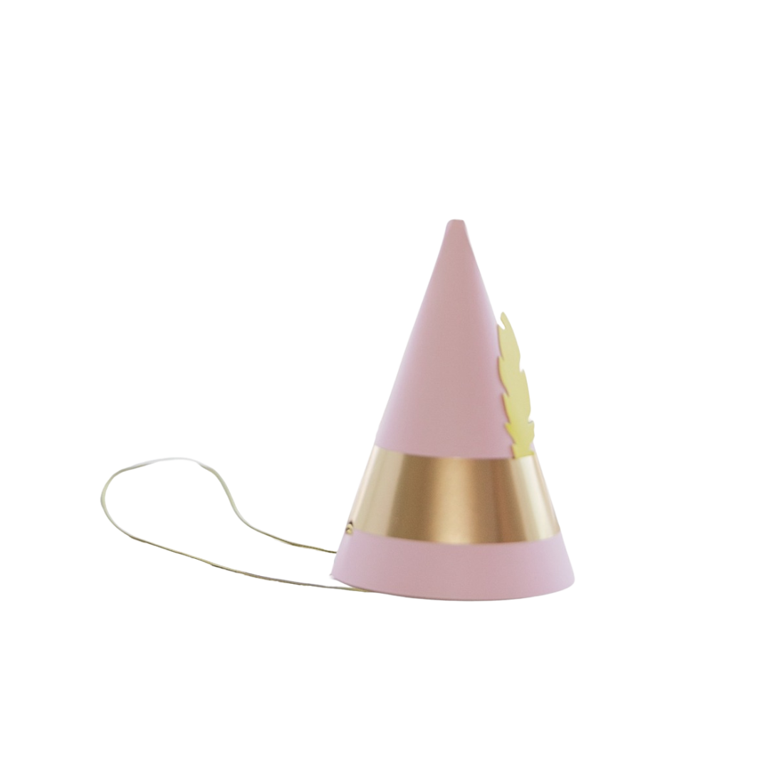 Pink and gold cone party hat with yellow feather accent for birthday from Parte Haus party supply store in Bethesda MD