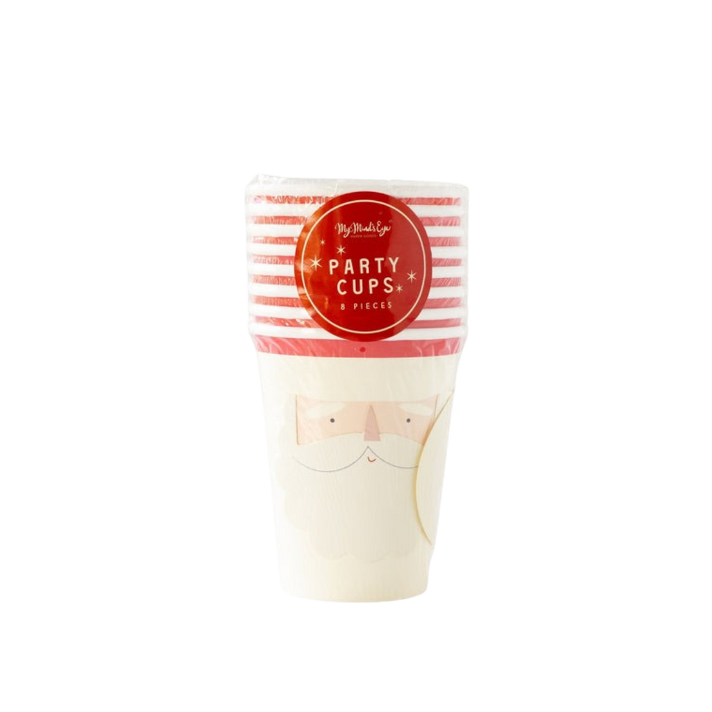 Red and white Santa paper cups with Santa face design Christmas from Parte Haus party supply store in Bethesda Maryland