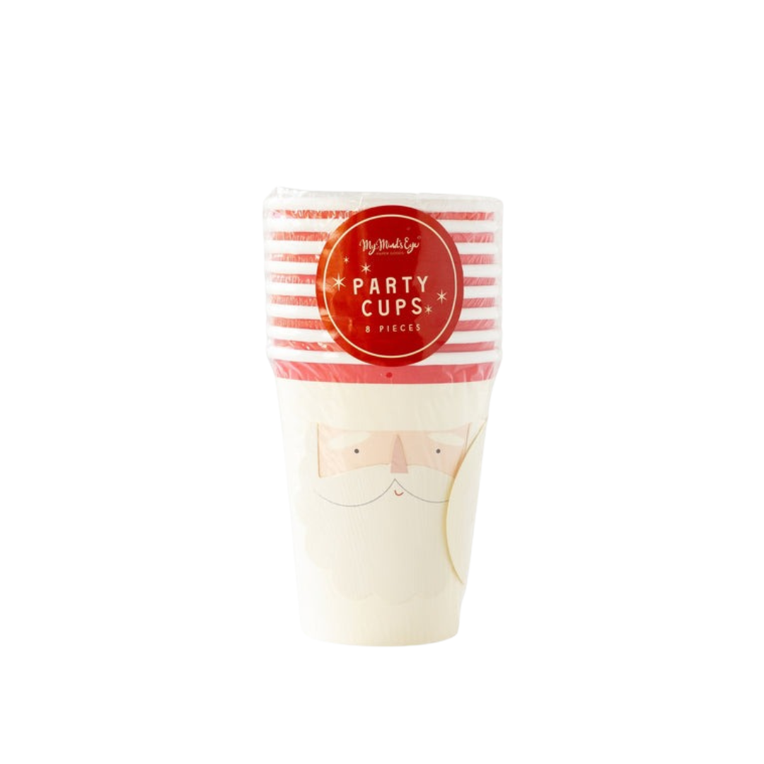 Red and white Santa paper cups with Santa face design Christmas from Parte Haus party supply store in Bethesda Maryland