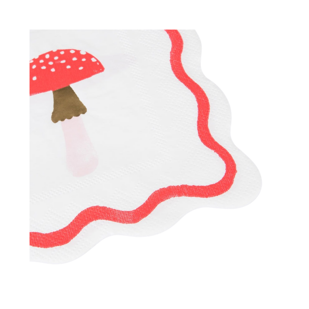 Red and white mushroom napkin with scalloped edge fairy theme from Parte Haus party supply store in Bethesda Maryland