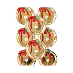 Gold Christmas ornament plates with red bow holiday theme from Parte Haus party supply store in Bethesda Maryland