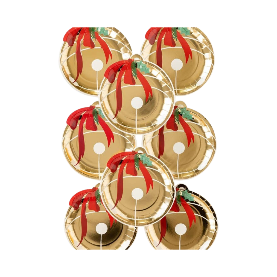 Gold Christmas ornament plates with red bow holiday theme from Parte Haus party supply store in Bethesda Maryland