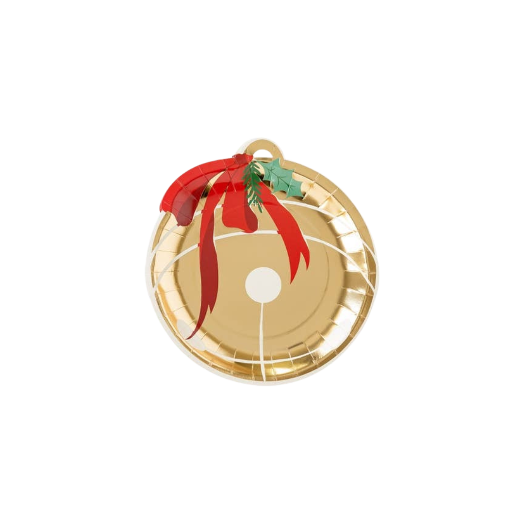 Gold jingle bell holiday paper plate with red ribbon for Christmas from Parte Haus party supply store in Bethesda MD
