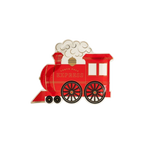 Red train shaped paper plate with North Pole Express holiday theme from Parte Haus party supply store in Bethesda MD
