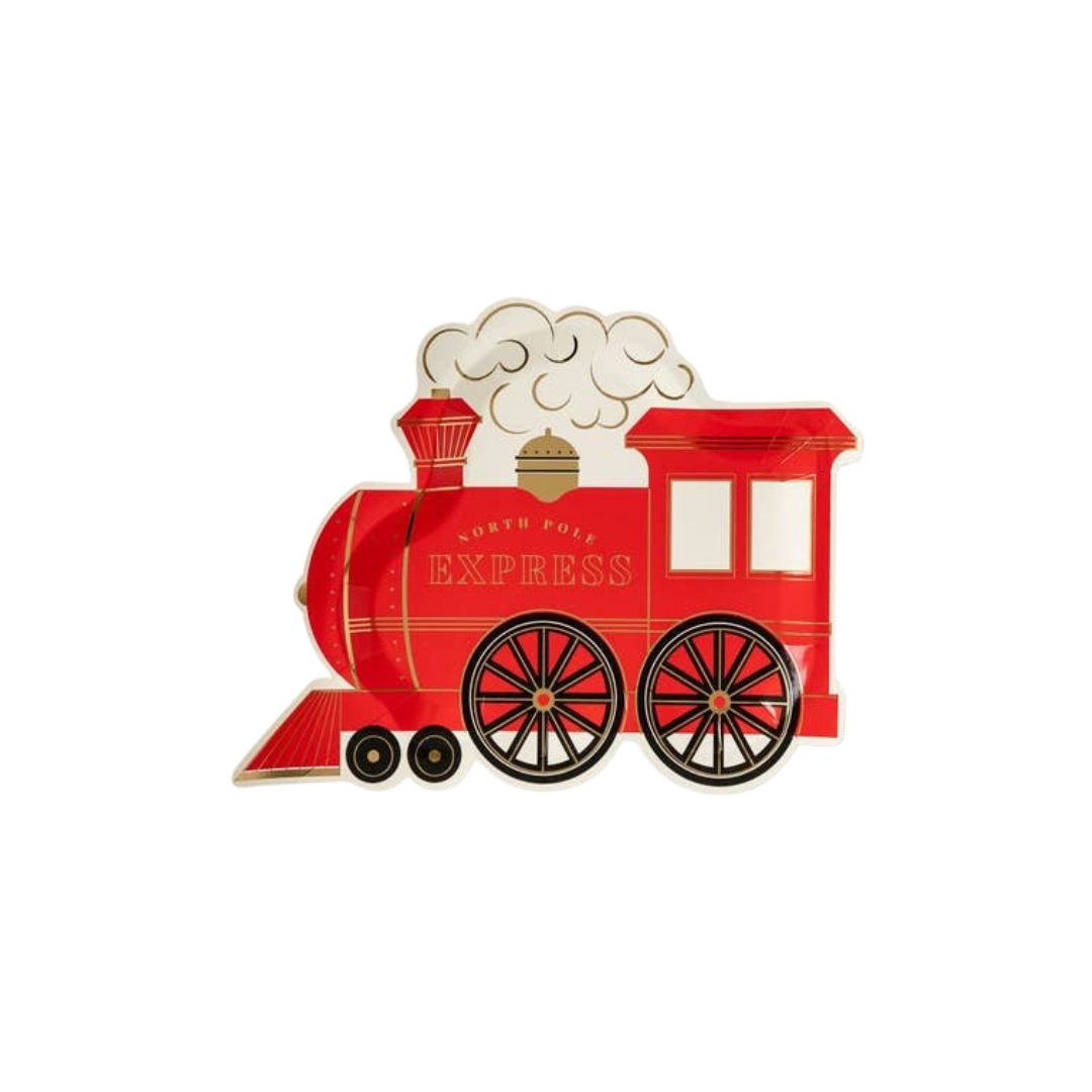 Red train shaped paper plate with North Pole Express holiday theme from Parte Haus party supply store in Bethesda MD