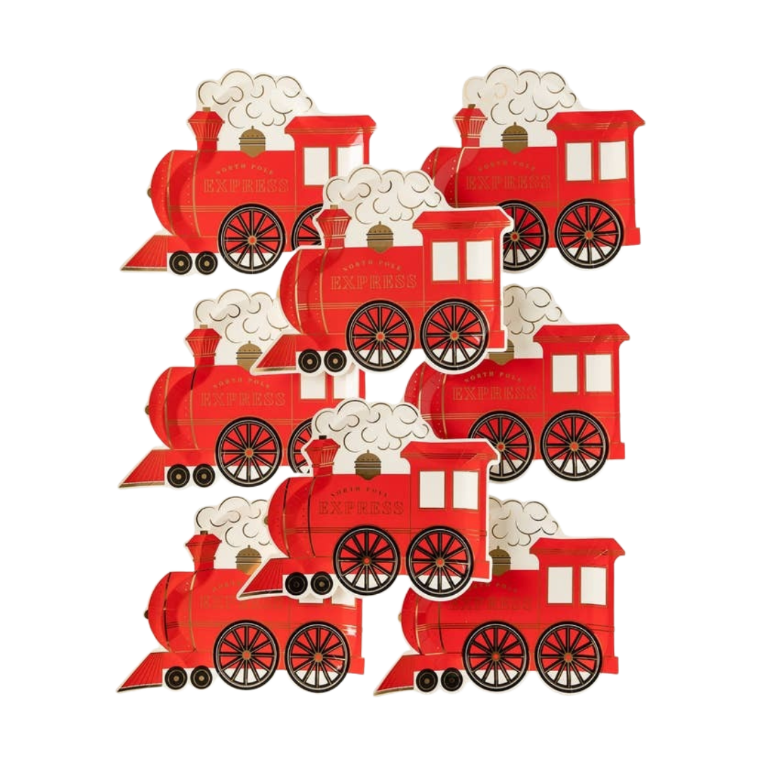 red train shaped paper plates with smoke for Christmas or holiday from Parte Haus party supply store in Bethesda Maryland