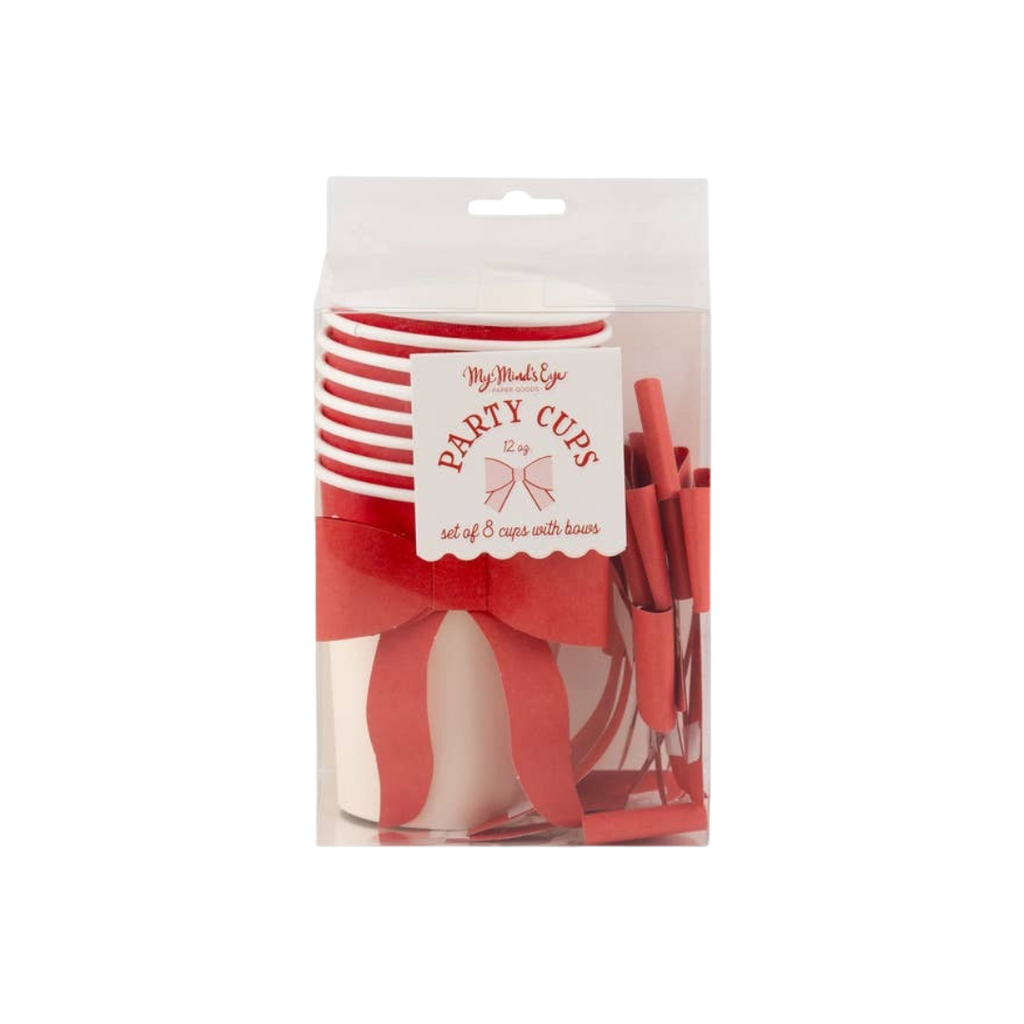 Red party cups with decorative bows birthday theme from Parte Haus party supply store in Bethesda MD