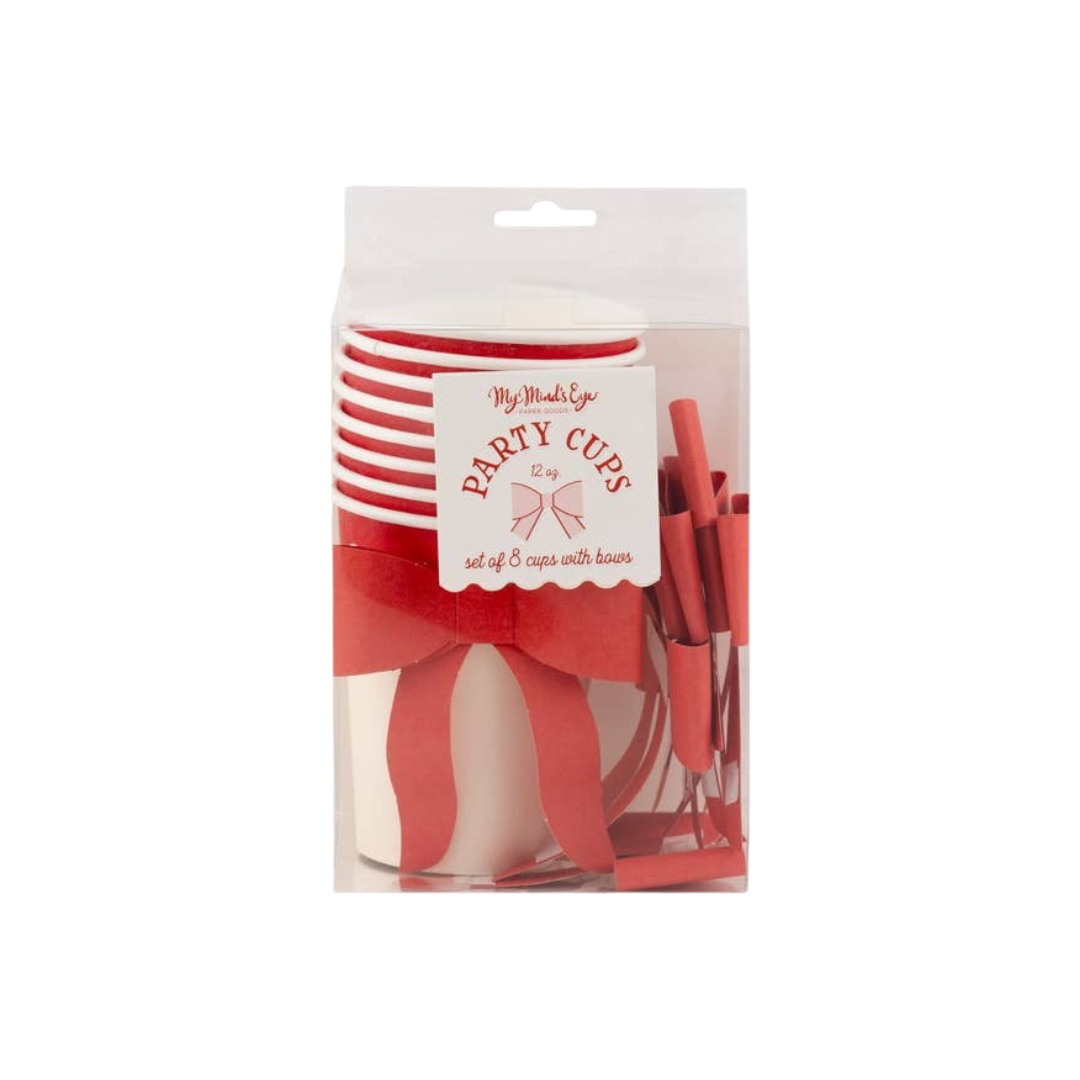 Red party cups with decorative bows birthday theme from Parte Haus party supply store in Bethesda MD