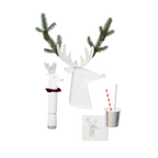 White reindeer Christmas decoration set with glitter and greenery from Parte Haus party supply store in Bethesda Maryland