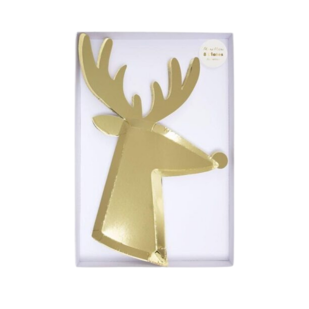 gold reindeer shaped plate with shiny finish for Christmas from Parte Haus party supply store in Bethesda MD