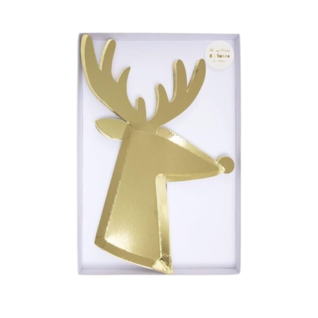 gold reindeer shaped plate with shiny finish for Christmas from Parte Haus party supply store in Bethesda MD