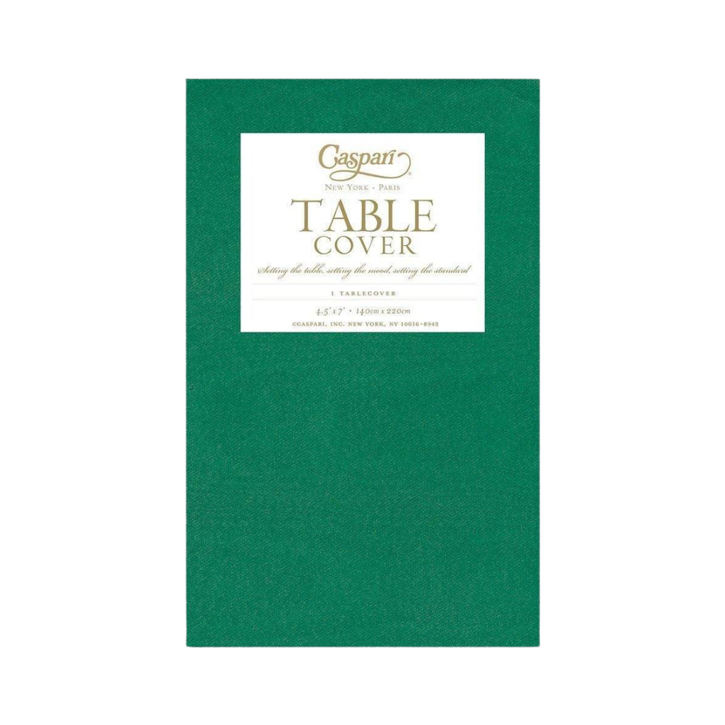 Green table cover packaged for dining or celebration from Parte Haus party supply store in Bethesda Maryland.