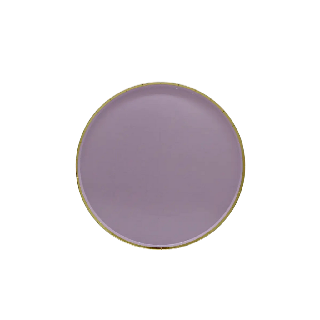 Lavender round plate with gold rim elegant tableware from Parte Haus party supply store in Bethesda MD