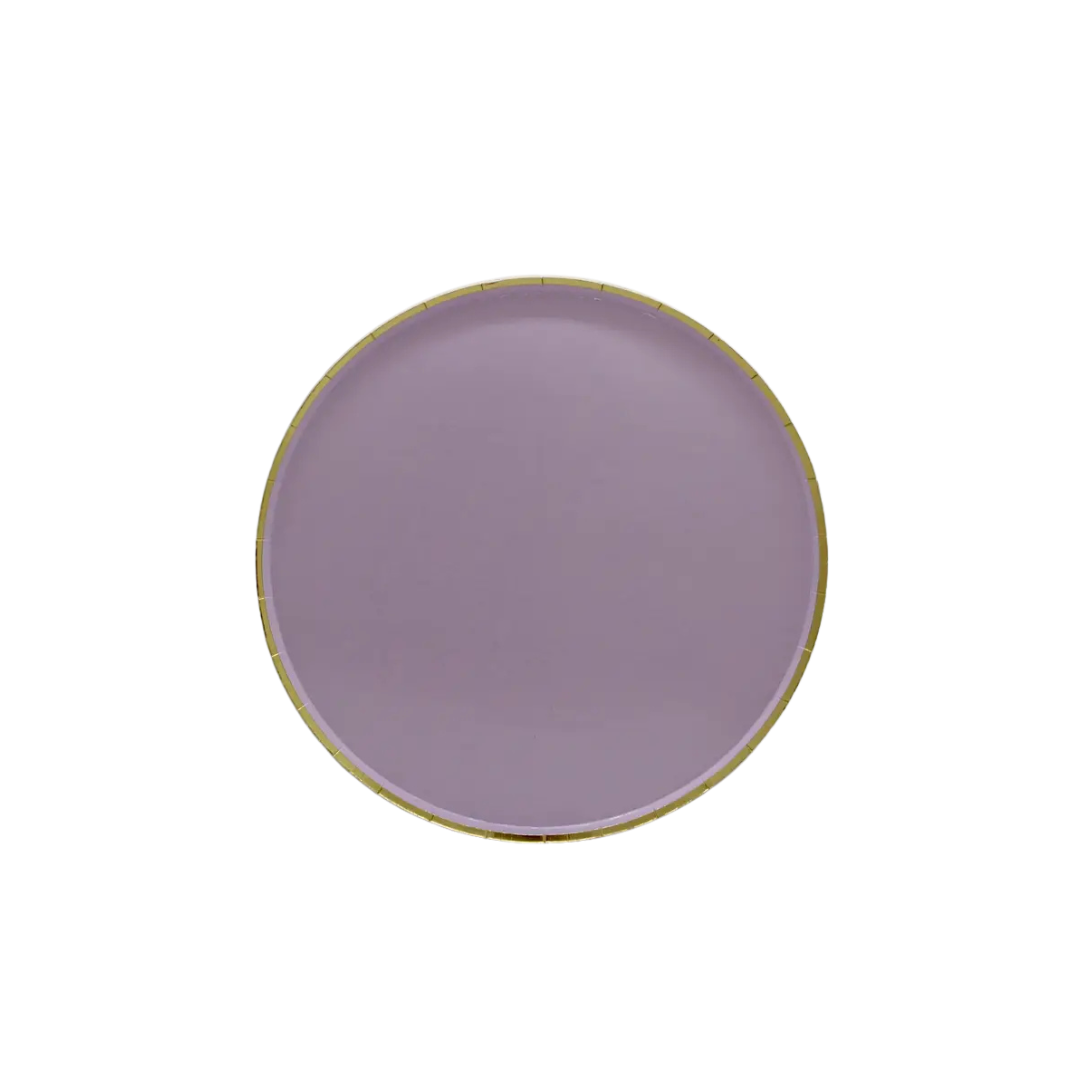 Lavender round plate with gold rim elegant tableware from Parte Haus party supply store in Bethesda MD